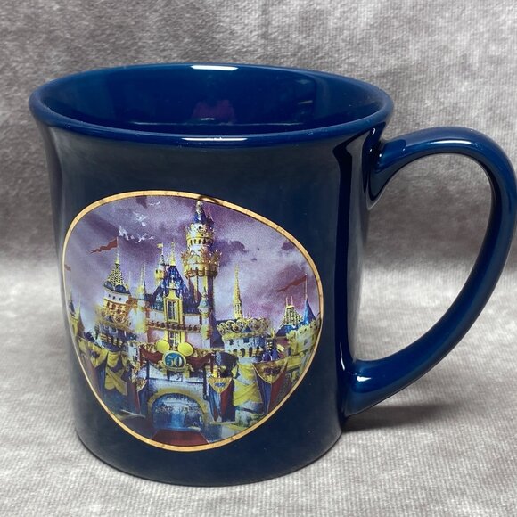 Disneyland 50th Anniversary Blue Ceramic Mug With Castle & Gold Mickey Design 3D - Picture 1 of 10